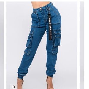 Blue High Waist Denim Joggers with Utility Pockets